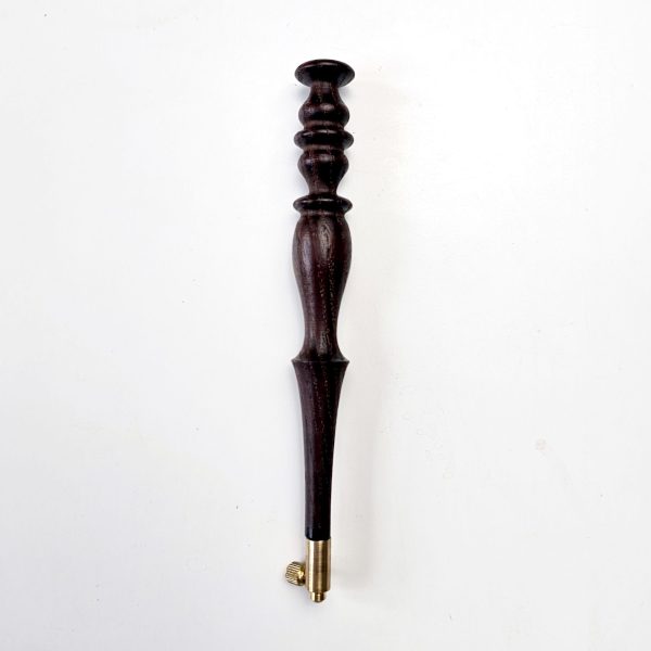 Dark ash tambour hook with chess-inspired turned handle and brass screw fitting, supplied with size 70 needle for Luneville embroidery.