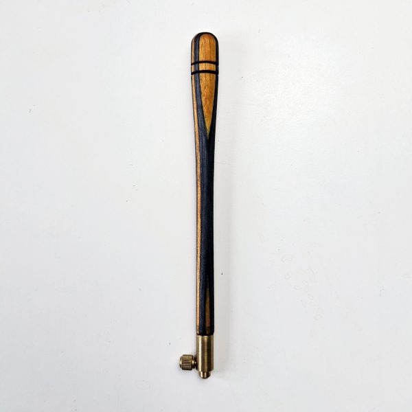Striped ash tambour hook with contrasting black and golden wood design, brass screw fitting, and size 70 needle for bead and sequin embroidery.