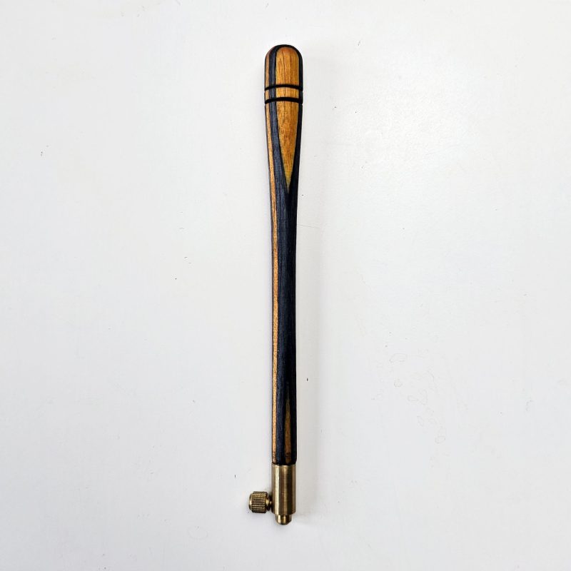Striped ash tambour hook with contrasting black and golden wood design, brass screw fitting, and size 70 needle for bead and sequin embroidery.