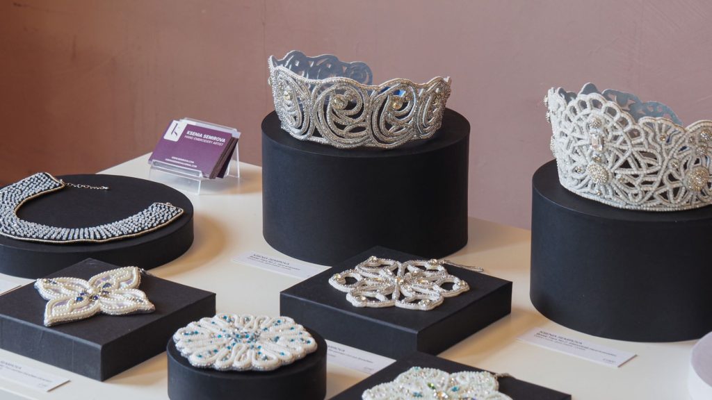 Hand-embroidered tiaras and ornaments from Ksenia Semirova’s Winter Fairytales display at Design-Nation South: Materialised.