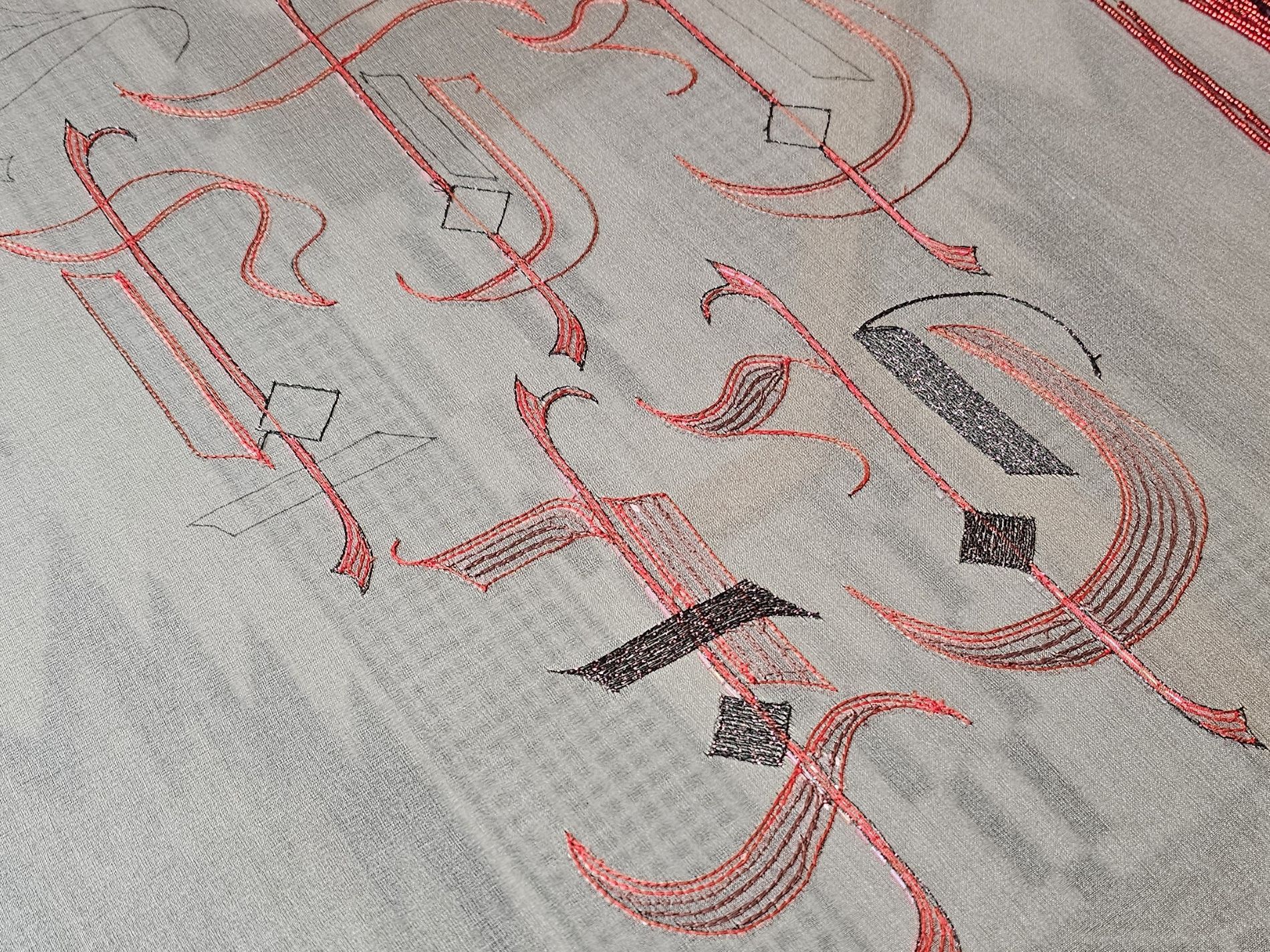 In Practice Lettering Layout Detail for Luneville Embroidery Detail of the In Practice composition in progress, showing gothic lettering layout and stitched guidelines prepared for Luneville embroidery.