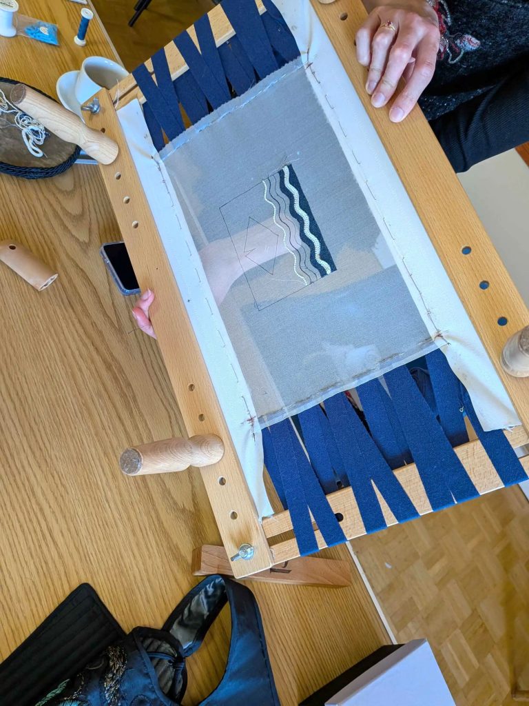 Luneville embroidery talk and demonstration for Isle of Wight Embroiderers showing tambour stitching on a slate frame