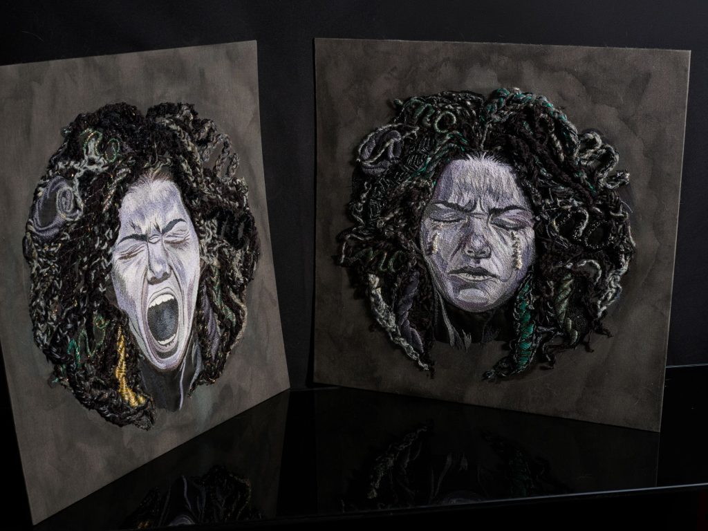 Power of No Despair and Sorrow Unframed Textile Wall Art on black Despair and Sorrow from the Power of No series, two hand-embroidered textile artworks by Ksenia Semirova.