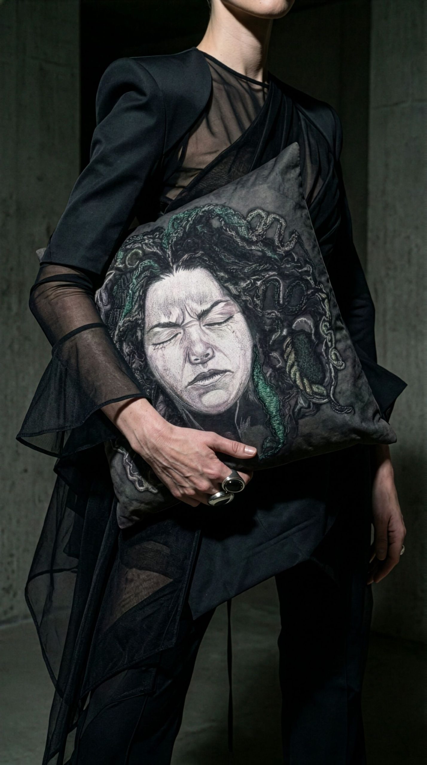 Sorrow – Power of No Art Pillow Sorrow art pillow from Ksenia Semirova’s Power of No series styled in a dark fashion editorial