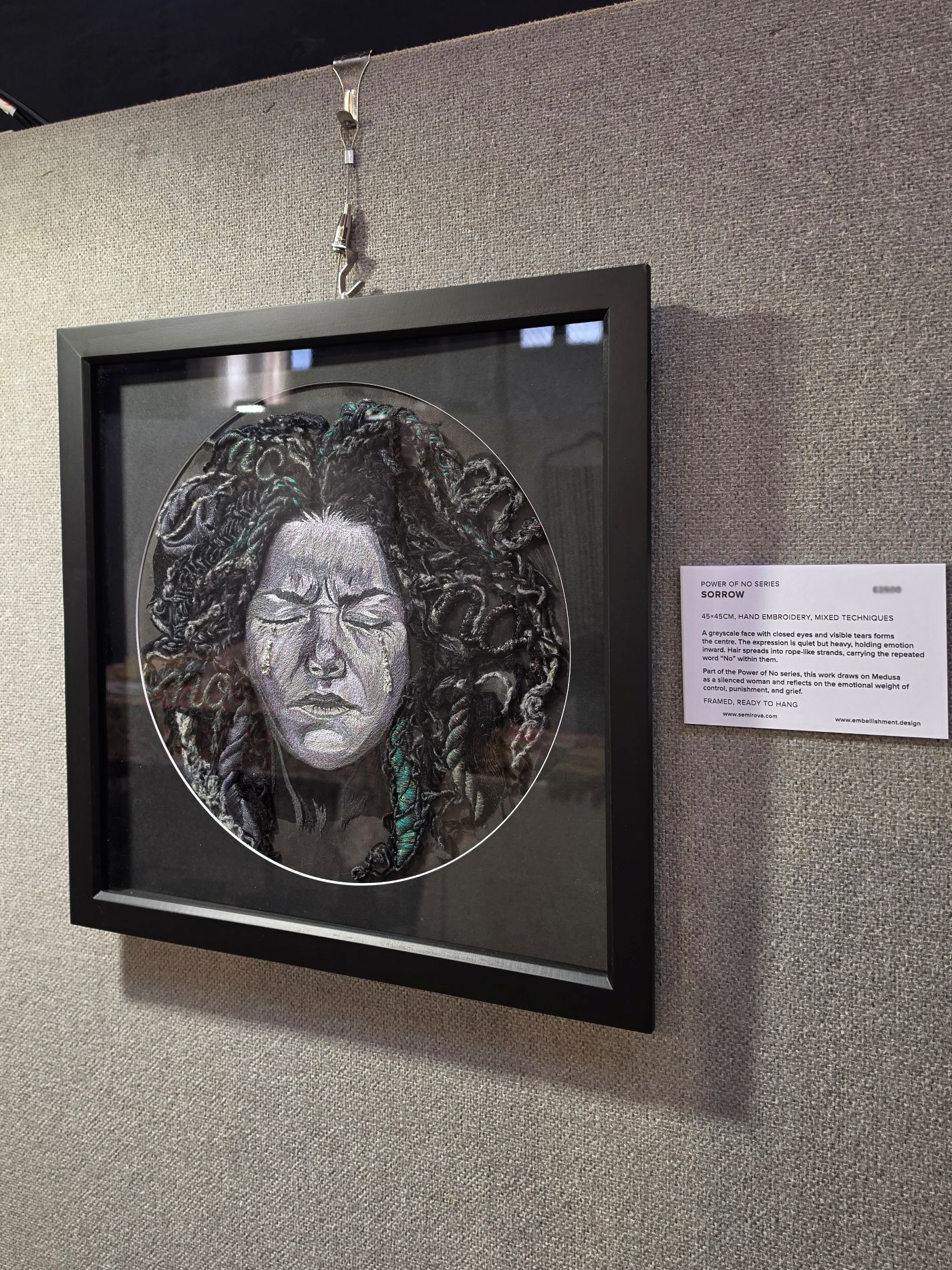 Sorrow from Ksenia Semirova’s Power of No series displayed at the Contemporary Textile Exhibition at Landmark Arts Centre.