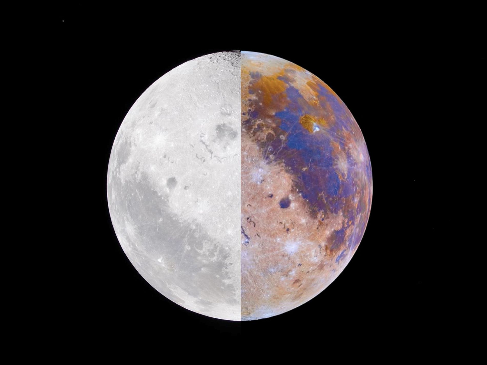 Split image of the Moon comparing NASA’s monochrome Artemis II lunar photograph with Andrew McCarthy’s colour-enhanced image revealing variations across the lunar surface.