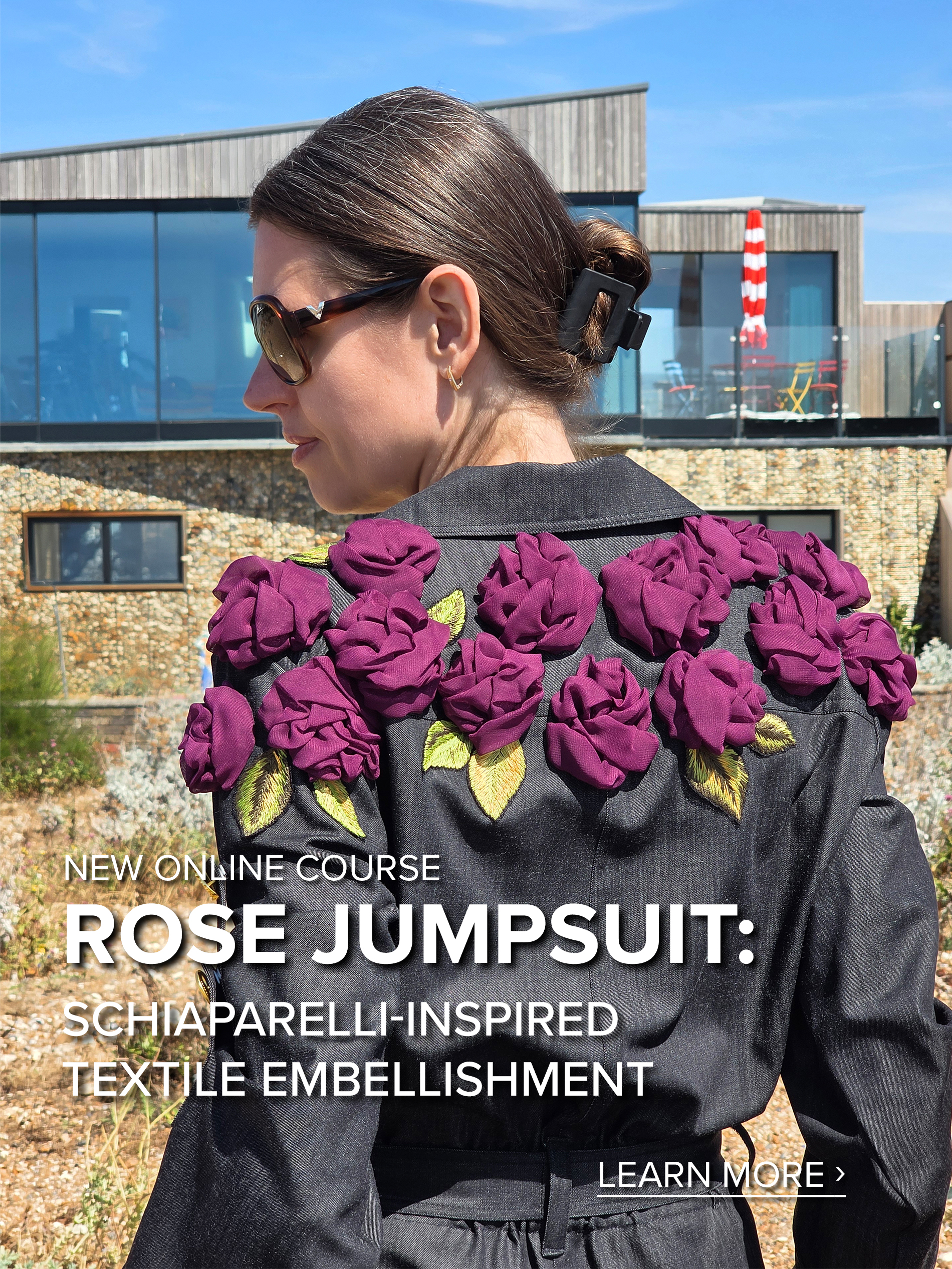 Rose Jumpsuit Course – Schiaparelli-Inspired Textile Embellishment Back view of the Rose Jumpsuit decorated with dimensional purple textile roses and embroidered leaves, promoting the Rose Jumpsuit course.