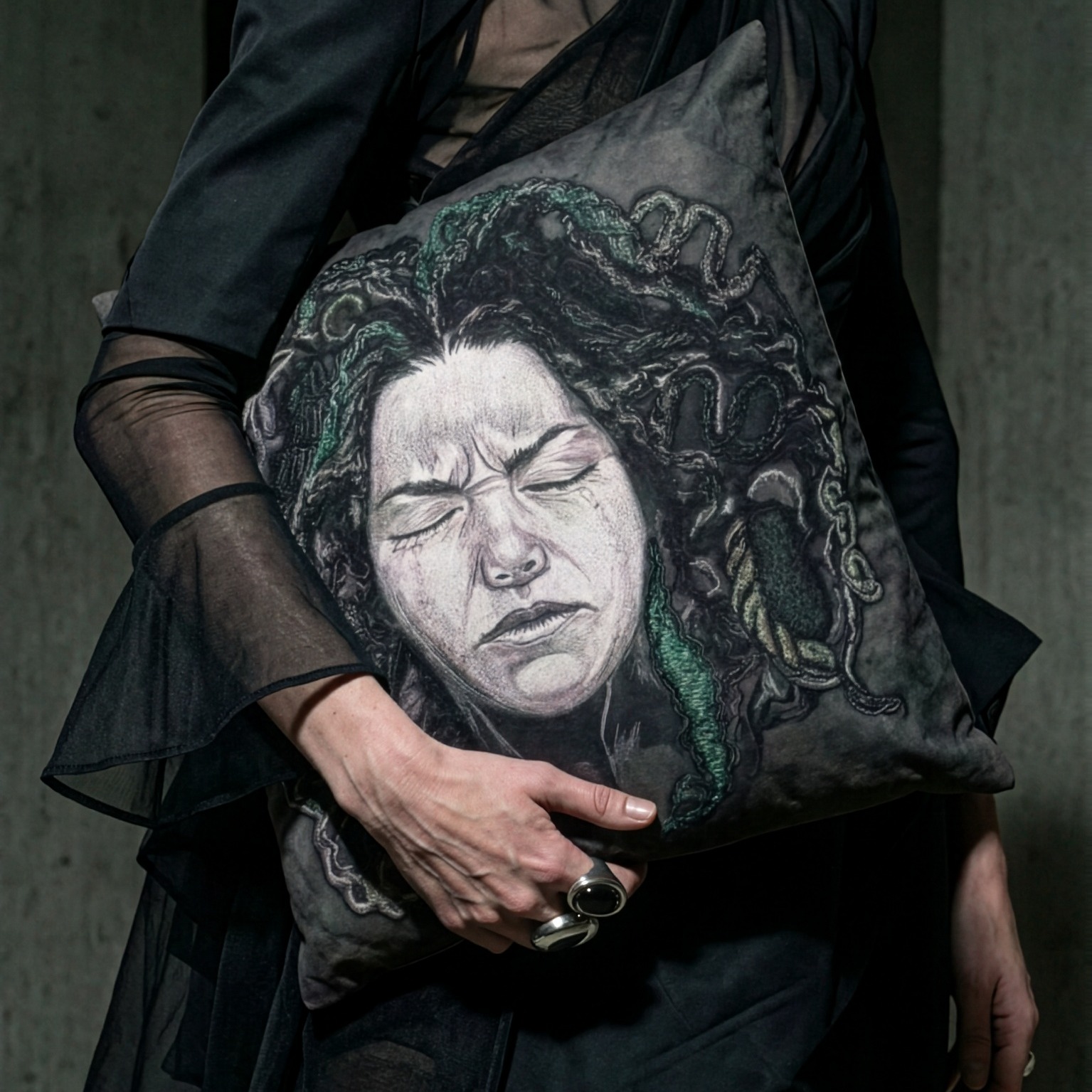 Sorrow Art Pillowcase – Power of No Series Sorrow art pillowcase featuring a print of Ksenia Semirova’s original hand-embroidered artwork from the Power of No series.
