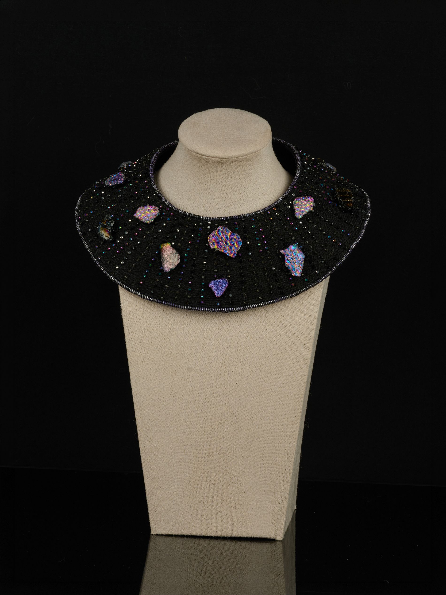 Black To the Moon and Back collar necklace with hand embroidery and colourful iridescent glass by Ksenia Semirova and Naomi Jacques