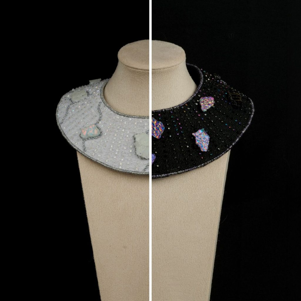 To the Moon and Back necklaces by Ksenia Semirova and Naomi Jacques, combining heritage pearl embroidery with contemporary glass
