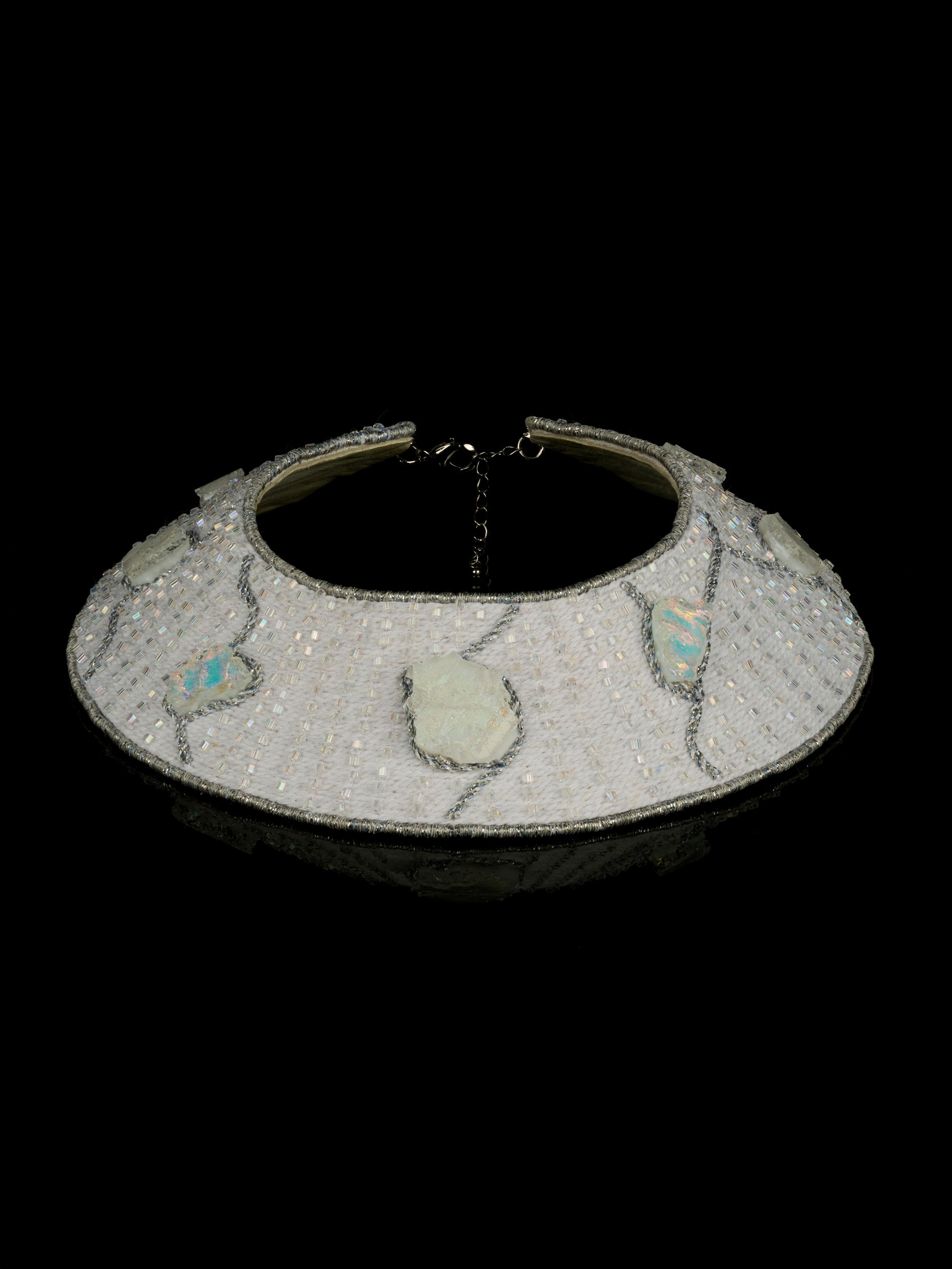 White To the Moon and Back test necklace combining Ksenia Semirova’s hand embroidery with glass elements by Naomi Jacques